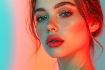 Portrait of a pretty young Caucasian woman looking at camera, close-up of a woman's face with makeup