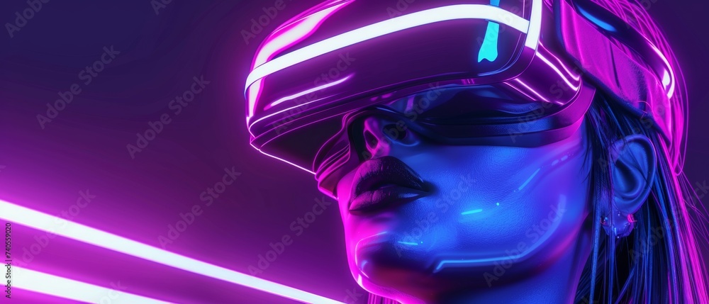 Poster Virtual Reality game with neon blur lines and a digital avatar called an avatar in the metaverse, also called a virtual presence. Digital technology, cyber world, virtual reality, futuristic