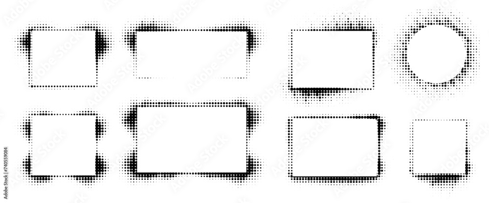 Poster set of frames with halftone effect in background. dotted style design elements