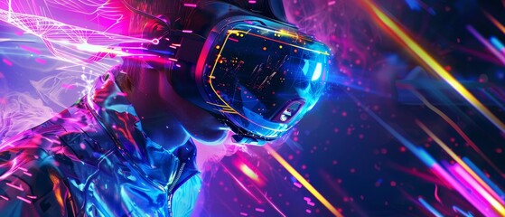 Digital technology metaverse game and entertainment, an energetic teenager plays VR virtual reality goggles, a sports game 3D in cyber space on a neon colorful background, a future digital technology - obrazy, fototapety, plakaty