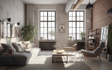 beautiful bright living room with large windows 