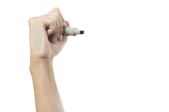 Close-up of a hand holding a marker. A hand holding a marker against a white background. A person's hand gripping a marker. - Powered by Adobe