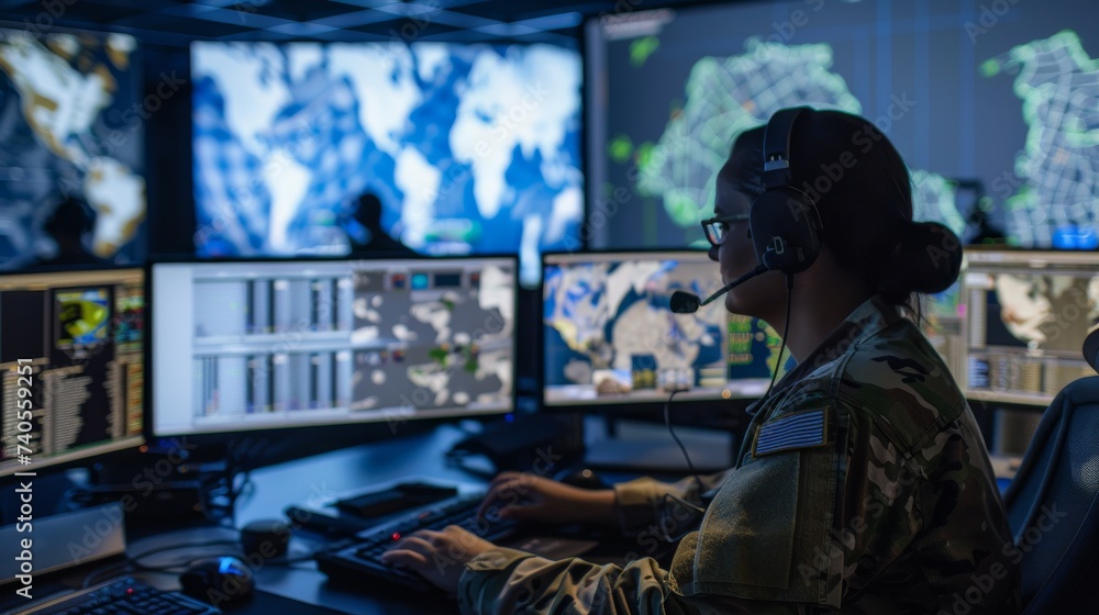 Poster a focused individual in a crisp uniform sits at a personal computer, surrounded by electronics and w