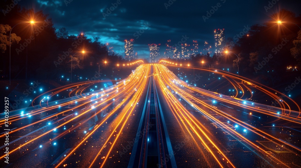Poster Conceptual design of smart city with abstract polygon pattern and speed line light, utilizing big data technology.