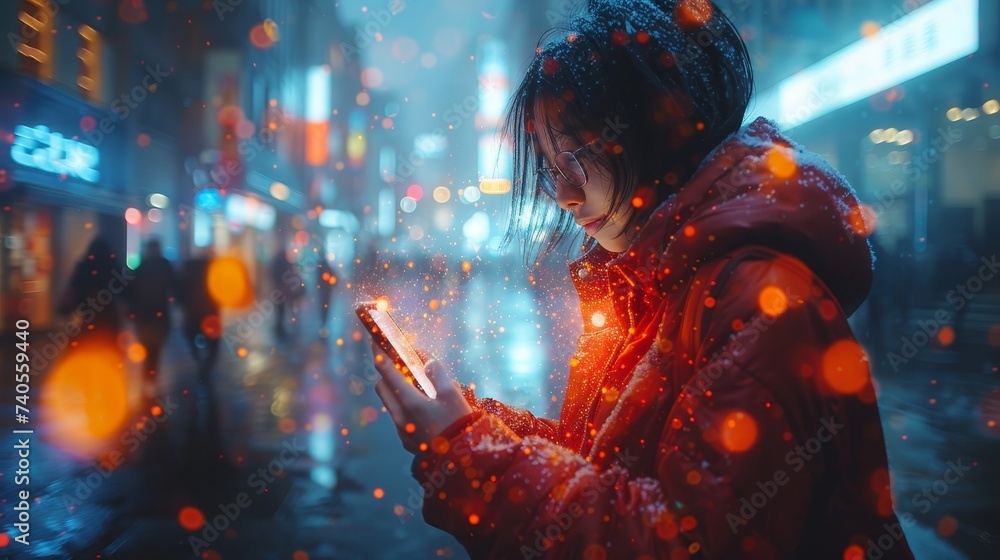 Aufkleber The concept of metaverse and blockchain technology. A person with a smart phone using a metaverse virtual world. Conceptual picture.