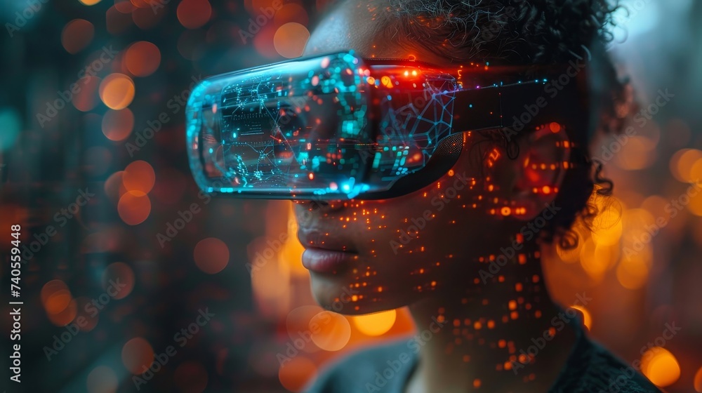 Aufkleber Conceptual photograph of a person experiencing a metaverse virtual world in a smart phone using blockchain technology. Futuristic tone.