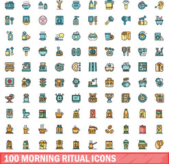 100 morning ritual icons set. Color line set of morning ritual vector icons thin line color flat on white