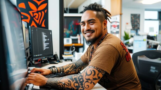 A stylish man with a colorful arm tattoo types away on his computer, lost in the world of electronics and text