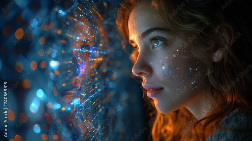 Poster woman using modern computer surfing internet futuristic metaverse, innovative technology background.