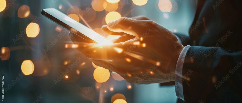Aufkleber an image of a businessman holding a mobile phone in front of a digital layer effect represents a bus