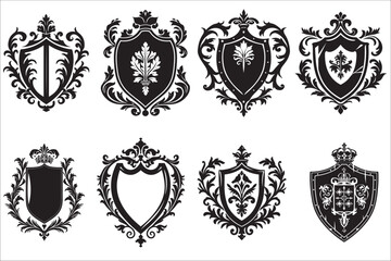 Heraldic shield, Vintage shield with various elements on a white background