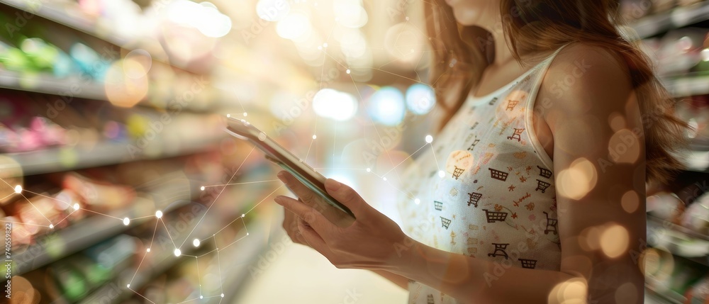 Poster online commerce marketing concept. woman using tablet payments and icon network connection on hologr