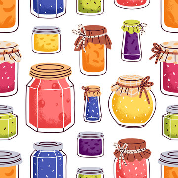 Jam in jars, seamless pattern design. Homemade fruit jelly, berry confiture, sweet marmalade, repeating print. Endless background, natural food in glass packaging. Colored flat vector illustration
