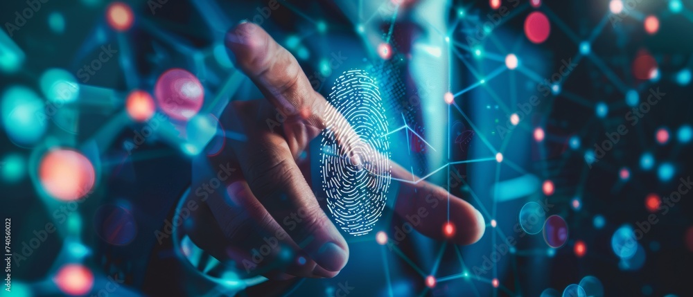 Poster Biometrics security, innovation to combat digital cybercrime using fingerprint identification by a businessman.