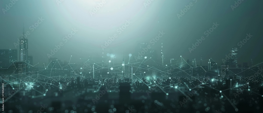 Poster An abstract polygon pattern connected with a speed line light to demonstrate the concept of a smart city and big data connection technology.
