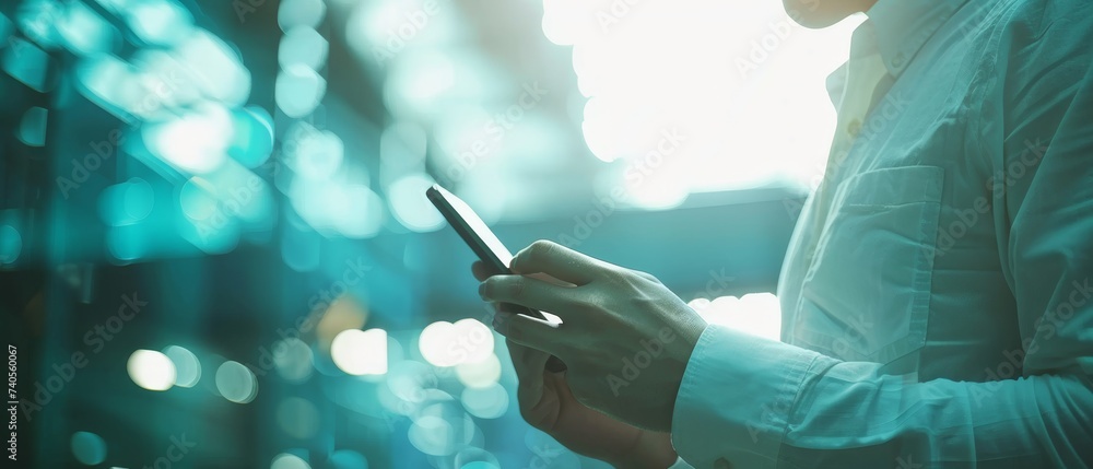 Poster the businessman uses a mobile and digital device to connect to investors and customers to exchange s