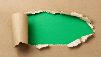 Torn hole in craft paper with green copy space