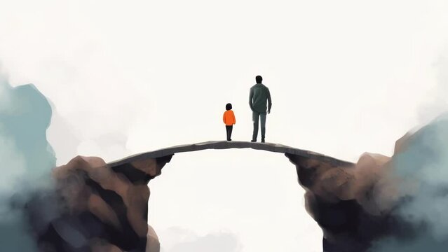 A father and a son walking hand in hand over a bridge with a chasm beneath them representing the need to navigate Psychology art concept. .