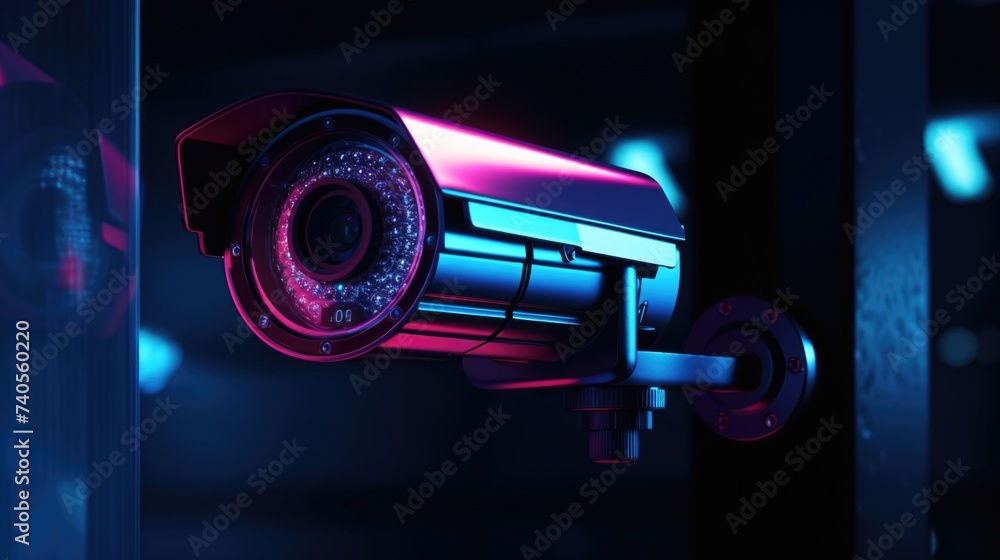 Poster close up of a camera mounted on a wall, ideal for security or surveillance concepts