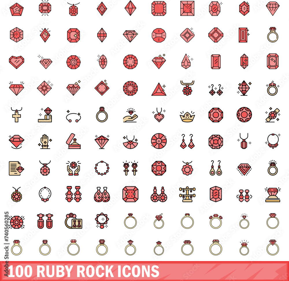 Poster 100 ruby rock icons set. color line set of ruby rock vector icons thin line color flat on white