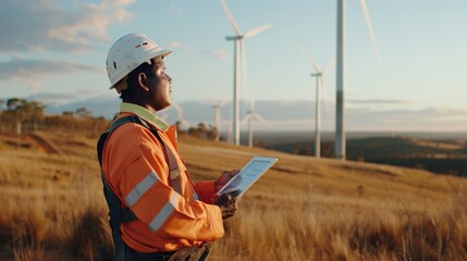 A rugged worker stands proudly in a lush green field, his hard hat and tablet in hand, as the windmill turns in the clear blue sky above
