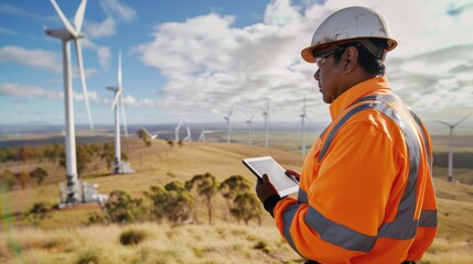 A modern-day pioneer harnessing the power of nature, dressed in vibrant orange and equipped with a tablet, stands proudly amidst the towering wind turbines against a backdrop of endless skies and rol