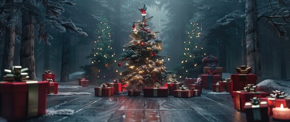 A beautifully adorned Christmas tree stands amidst a collection of wrapped gifts, creating a festive and joyful holiday scene. AI generative.