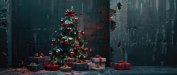 A beautifully adorned Christmas tree stands amidst a collection of wrapped gifts, creating a festive and joyful holiday scene. AI generative.