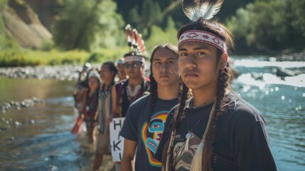 A serene group of individuals, clothed in casual attire, standing in the cool waters of a tranquil lake, surrounded by towering trees and the gentle flow of a nearby river