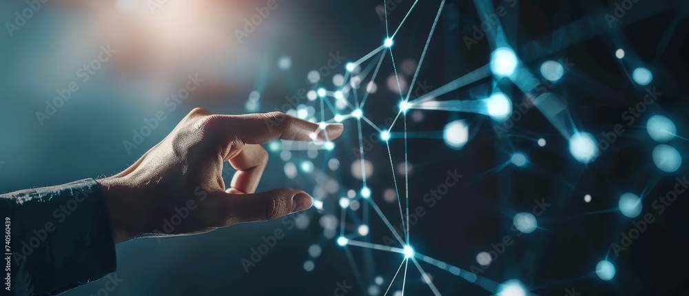 Poster Digital data network transformation by a businessman for next generation technologies on cyberspace, internet networks, digital software development, algorithms and metaverses.