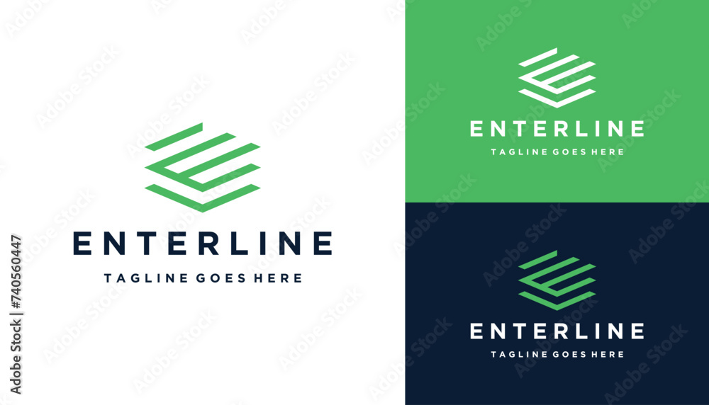 Poster initial letter e monogram with simple hexagon shape line art logo design