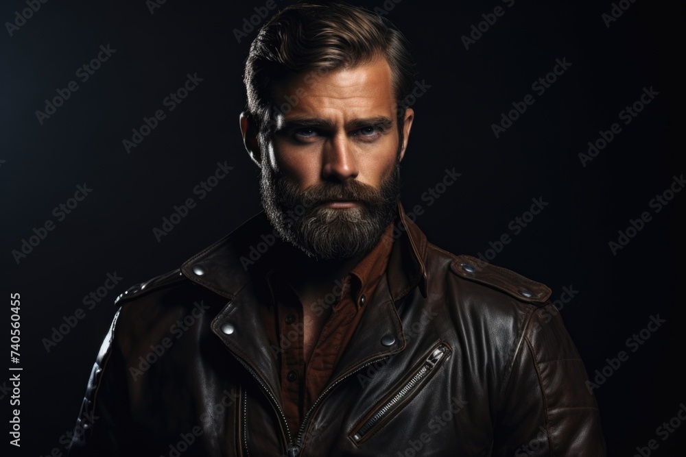 Wall mural A man with a beard wearing a leather jacket. Suitable for fashion and lifestyle themes