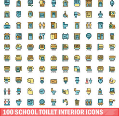 100 school toilet interior icons set. Color line set of school toilet interior vector icons thin line color flat on white