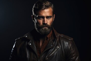 Obraz premium A man with a beard wearing a leather jacket. Suitable for fashion and lifestyle themes