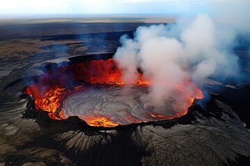 Aerial view of a volcano with lava and smoke, suitable for educational materials or travel brochures