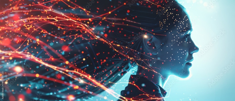 Aufkleber internet technology, digital marketing, big data, iot internet of things. woman surfing the internet