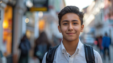 A portrait of a smiling teenage boy with a backpack standing on a bustling city street, capturing a sense of youth and urban life.