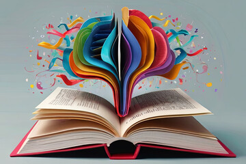 An open book with a paper art brain atop colorful books. A vibrant and imaginative composition.