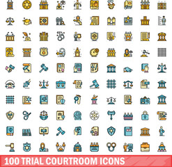 100 trial courtroom icons set. Color line set of trial courtroom vector icons thin line color flat on white