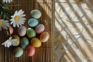 Happy Easter Eggs Basket refraction. Bunny hopping in flower Mothers Day Card decoration. Adorable hare 3d Available space rabbit illustration. Holy week easter hunt Gathering card Orange Poppy