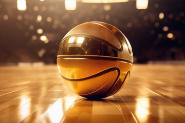 A basketball ball resting on a wooden floor. Suitable for sports and recreational concepts