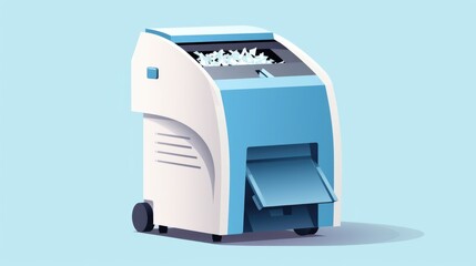 A blue and white machine with a bunch of paper in it. Perfect for office or recycling concepts