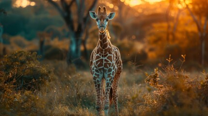 A majestic giraffe gracefully stands amidst the vibrant green grass, basking in the warm glow of the sunrise in its natural habitat, embodying the true essence of a wild and free terrestrial mammal