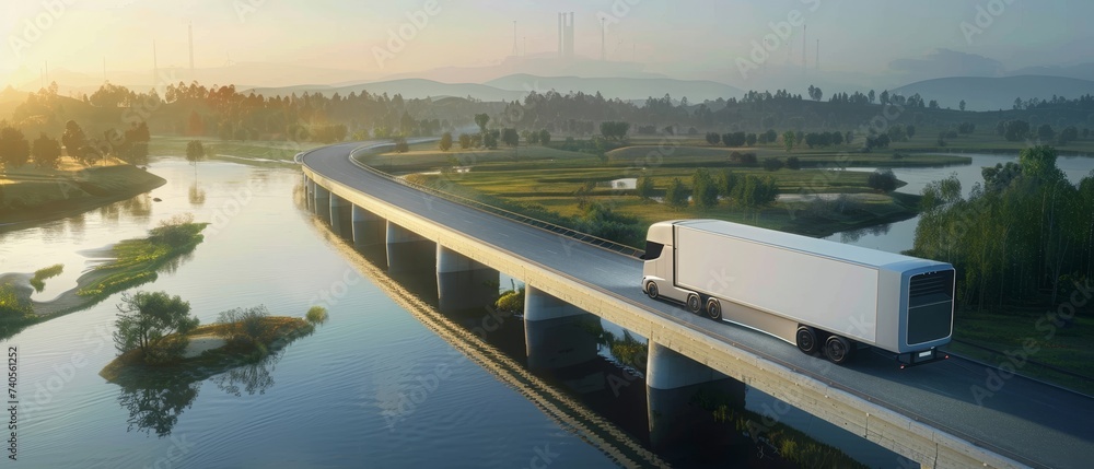 Poster a semi-truck traveling over a bridge, driven autonomously by artificial intelligence, delivering car