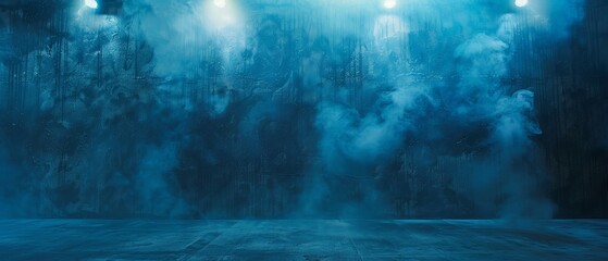 An abstract technology background, with an empty dark blue cement floor, a smokey studio room, spotlights, laser light, and a digital future technology concept.