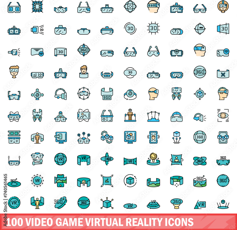 Poster 100 video game virtual reality icons set. color line set of video game virtual reality vector icons 