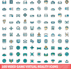 100 video game virtual reality icons set. Color line set of video game virtual reality vector icons thin line color flat on white