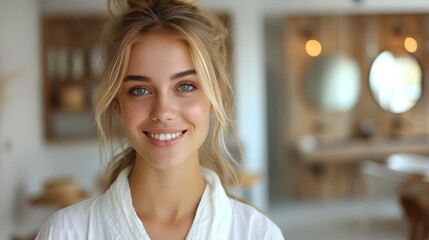 Blonde attractive woman in white silky bathrobe posing at white bathroom, smiling at camera, closeup portrait, panorama with copy space. Face and skin care at home concept.
