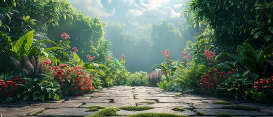 A serene garden pathway surrounded by lush greenery and vibrant flowers under a soft, diffused sunlight filtering through the foliage.