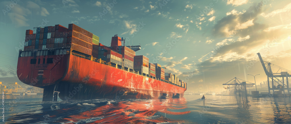 Poster a large red cargo ship loaded with multicolored containers is shown gracefully navigating through ca